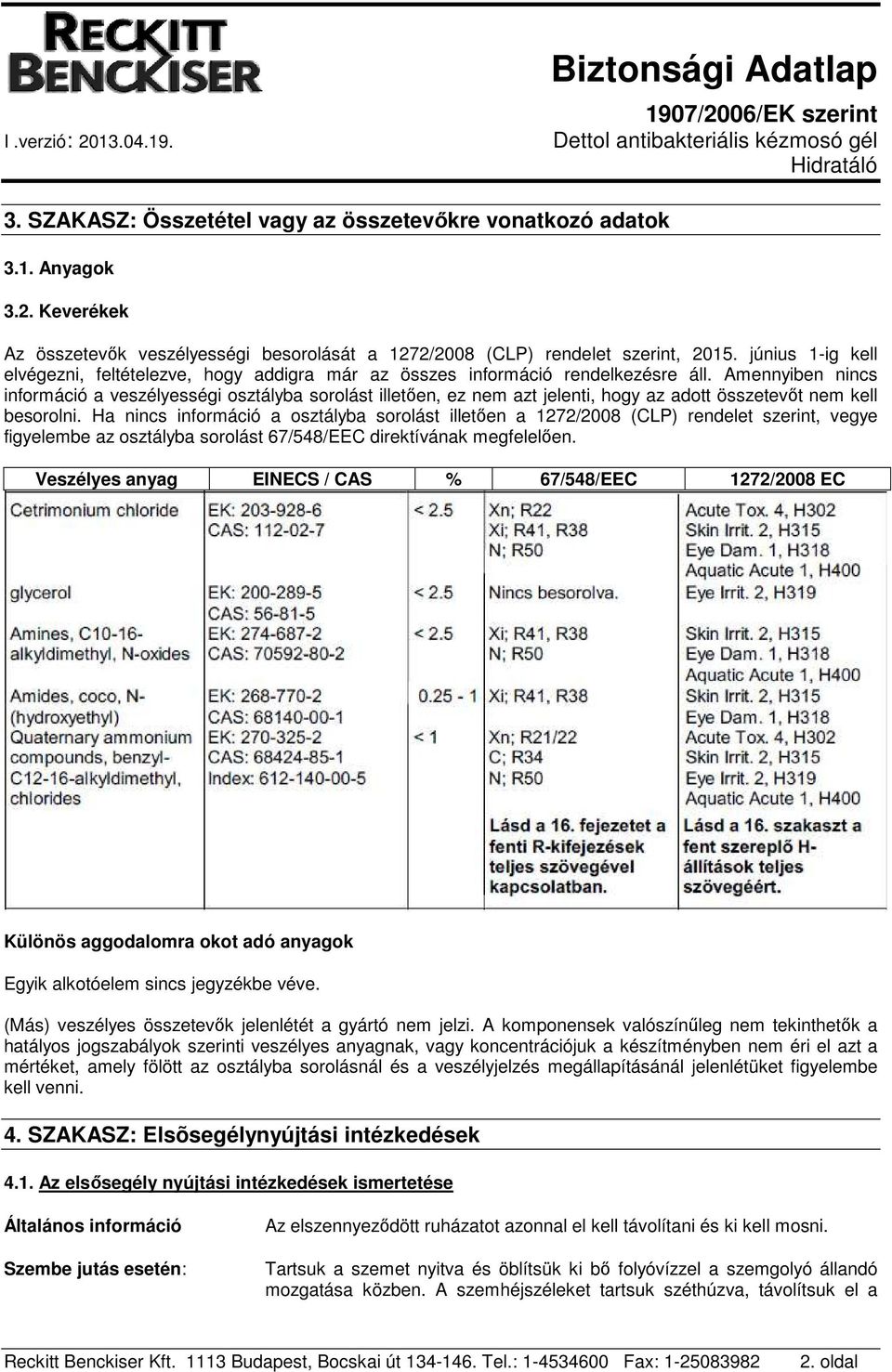 Amennyiben nincs információ a veszélyességi osztályba sorolást illetően, ez nem azt jelenti, hogy az adott összetevőt nem kell besorolni.