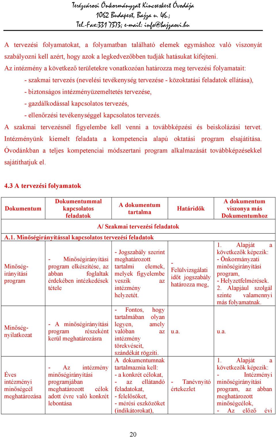 intézményüzemeltetés tervezése, - gazdálkodással kapcsolatos tervezés, - ellenőrzési tevékenységgel kapcsolatos tervezés.