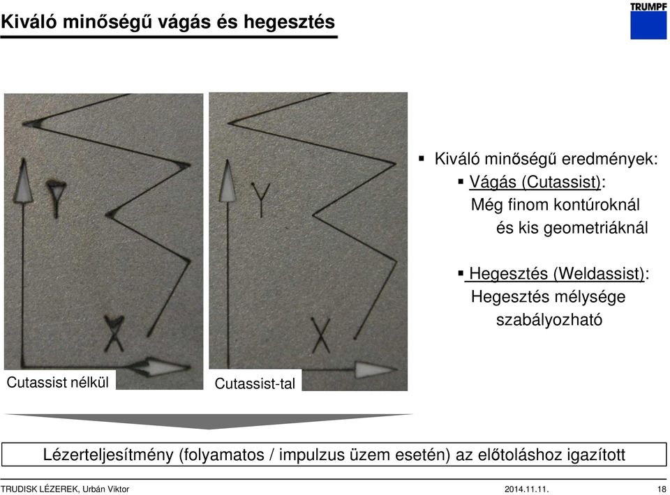 mélysége szabályozható Cutassist nélkül Cutassist-tal Lézerteljesítmény (folyamatos