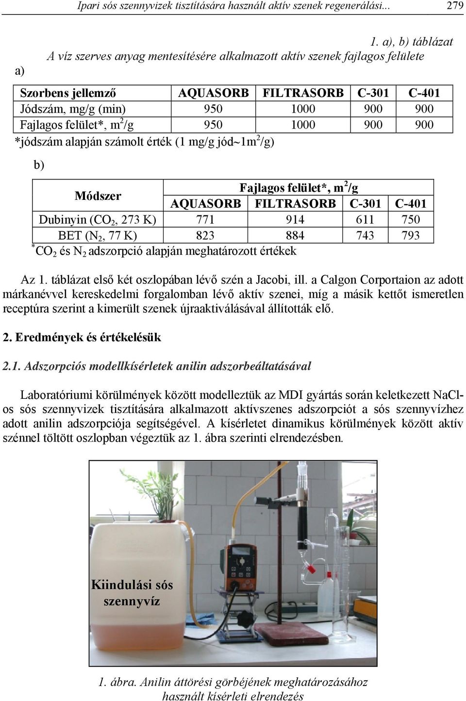 m 2 /g 950 1000 900 900 *jódszám alapján számolt érték (1 mg/g jód 1m 2 /g) b) Módszer Fajlagos felület*, m 2 /g AQUASORB FILTRASORB C-301 C-401 Dubinyin (CO 2, 273 K) 771 914 611 750 BET (N 2, 77 K)