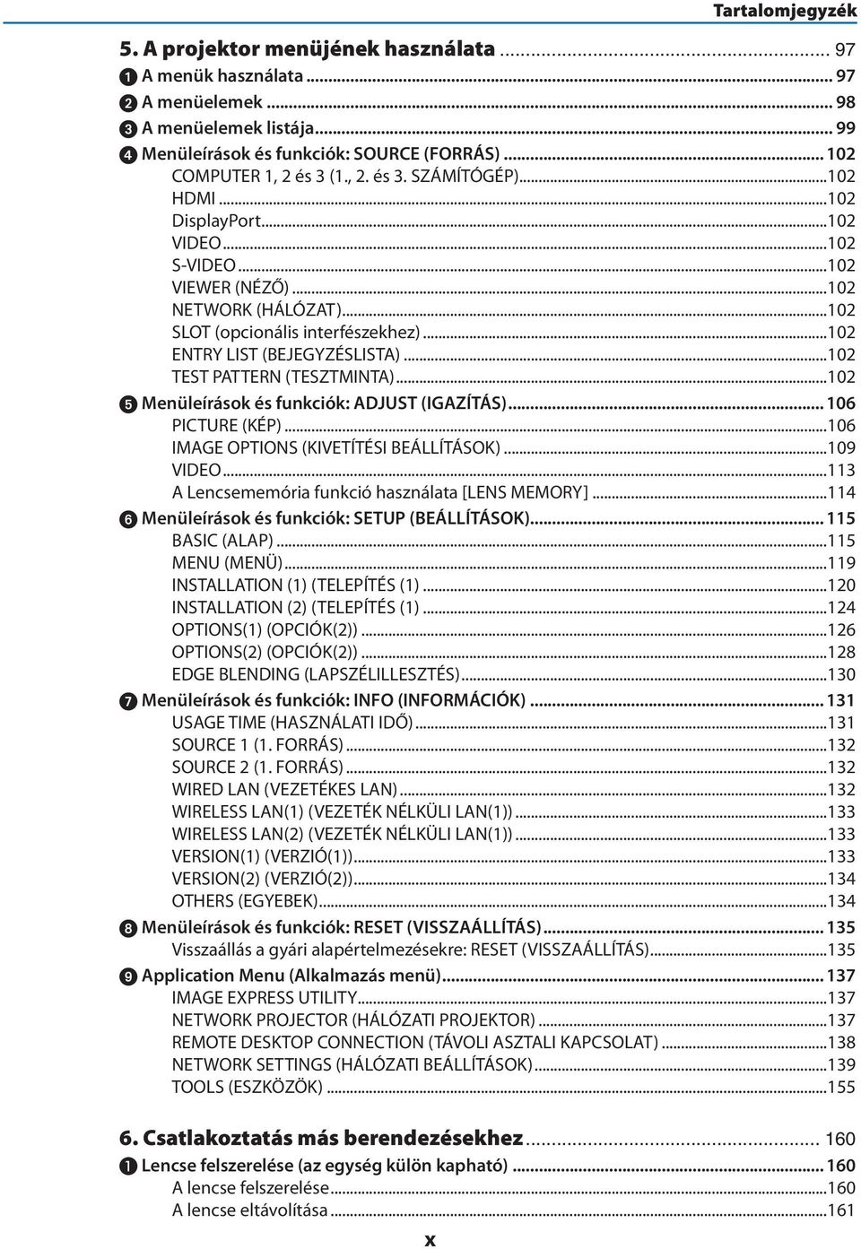 ..102 ENTRY LIST (BEJEGYZÉSLISTA)...102 TEST PATTERN (TESZTMINTA)...102 5 Menüleírások és funkciók: ADJUST (IGAZÍTÁS)... 106 PICTURE (KÉP)...106 IMAGE OPTIONS (KIVETÍTÉSI BEÁLLÍTÁSOK)...109 VIDEO.