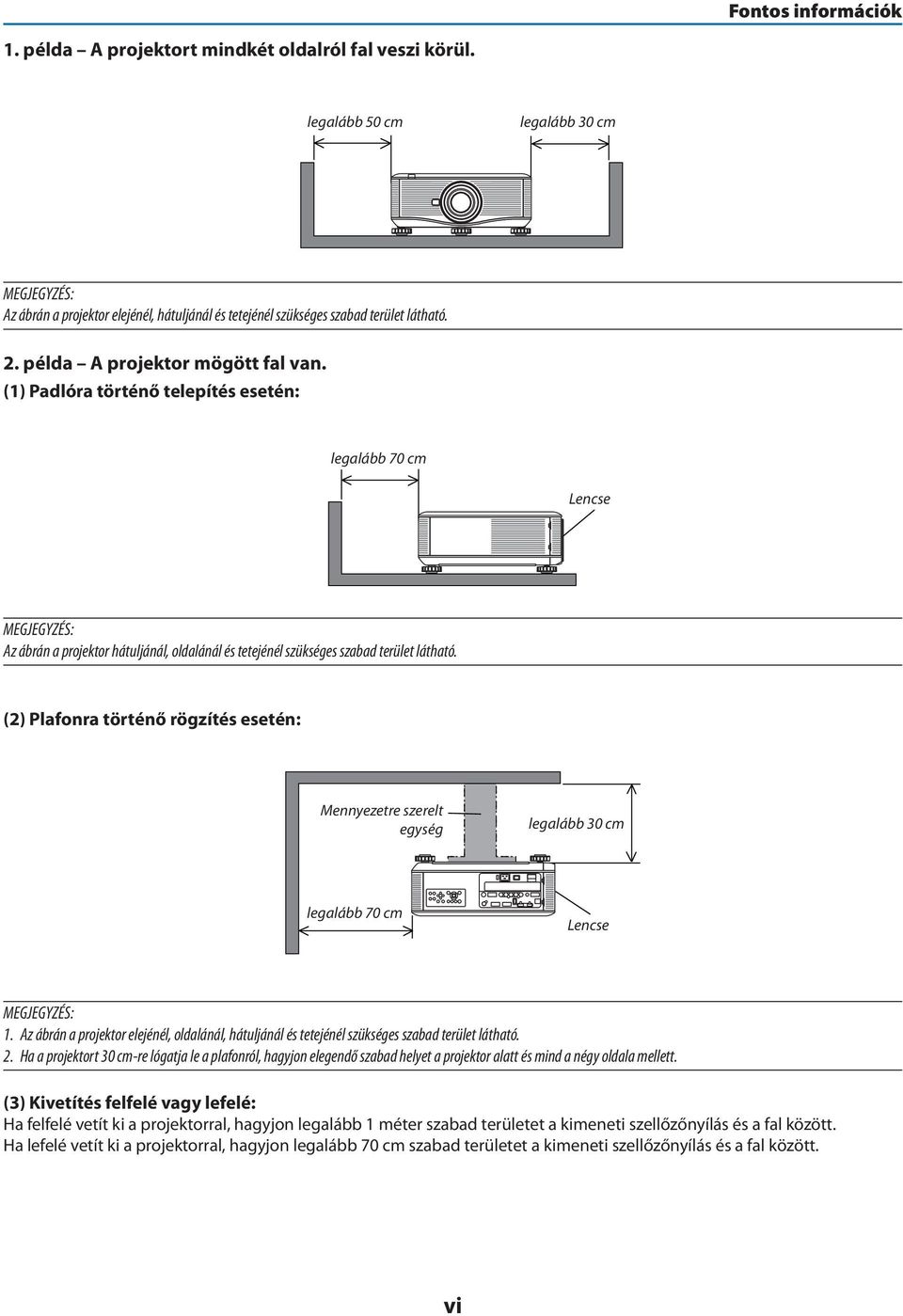 (1) Padlóra történő telepítés esetén: legalább 70 cm Lencse MEGJEGYZÉS: Az ábrán a projektor hátuljánál, oldalánál és tetejénél szükséges szabad terület látható.