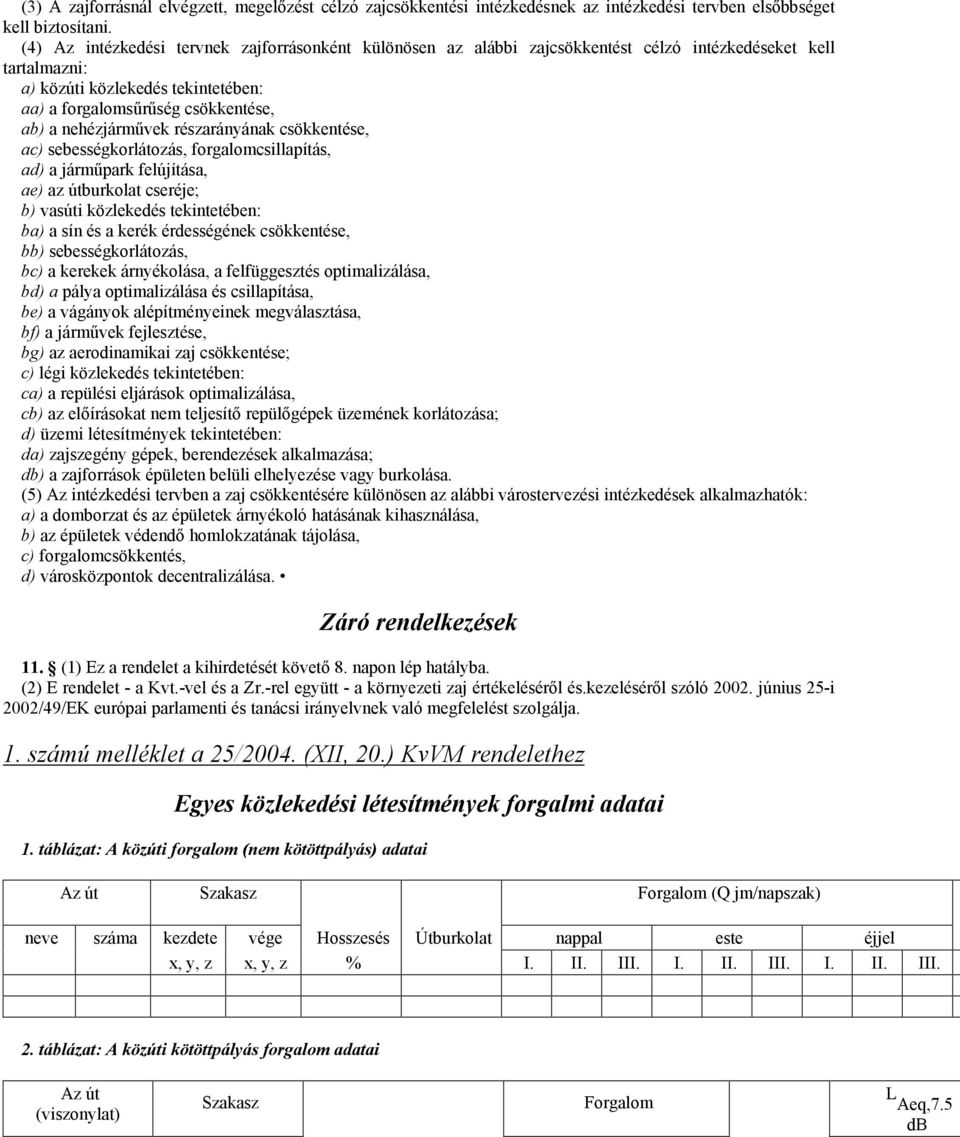 nehézjármővek részarányának csökkentése, ac) sebességkorlátozás, forgalomcsillapítás, ad) a jármőpark felújítása, ae) az útburkolat cseréje; b) vasúti közlekedés tekintetében: ba) a sín és a kerék