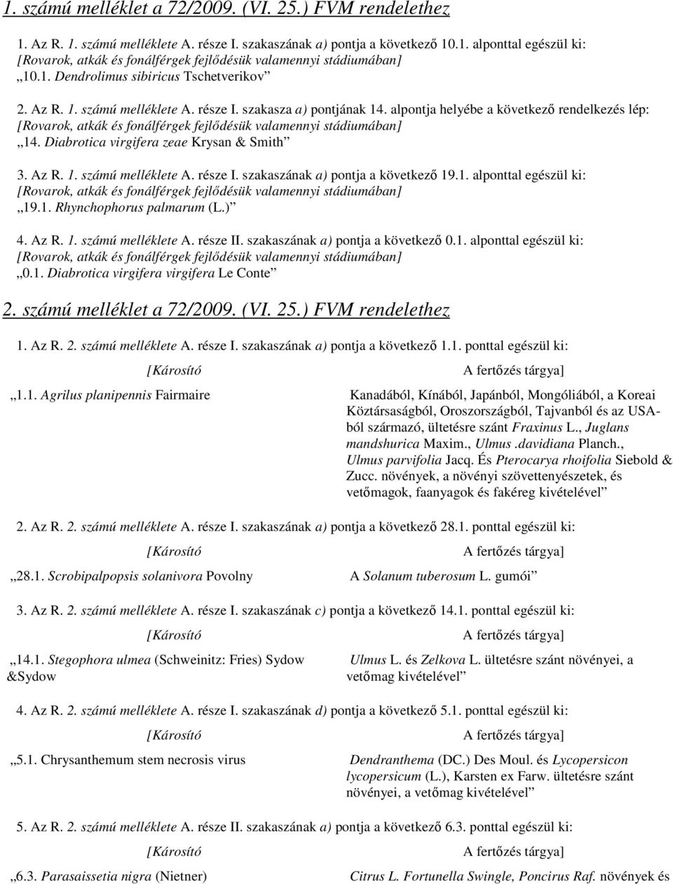 alpontja helyébe a következı rendelkezés lép: [Rovarok, atkák és fonálférgek fejlıdésük valamennyi stádiumában] 14. Diabrotica virgifera zeae Krysan & Smith 3. Az R. 1. számú melléklete A. része I.