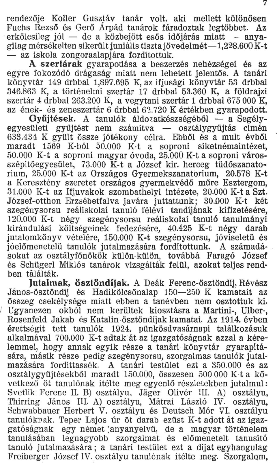 A szertárak gyarapodása a beszerzés nehézségei és az egyre fokozódó drágaság miatt nem ehetett jeentős. A tanári könyvtár 149 drbba 1,897.695 K, az ifjusági könyvtár 53 drbba 346.