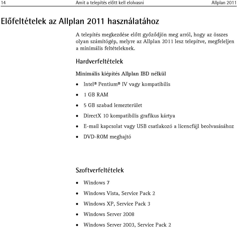 Hardverfeltételek Minimális kiépítés Allplan IBD nélkül Intel Pentium IV vagy kompatibilis 1 GB RAM 5 GB szabad lemezterület DirectX 10 kompatibilis grafikus