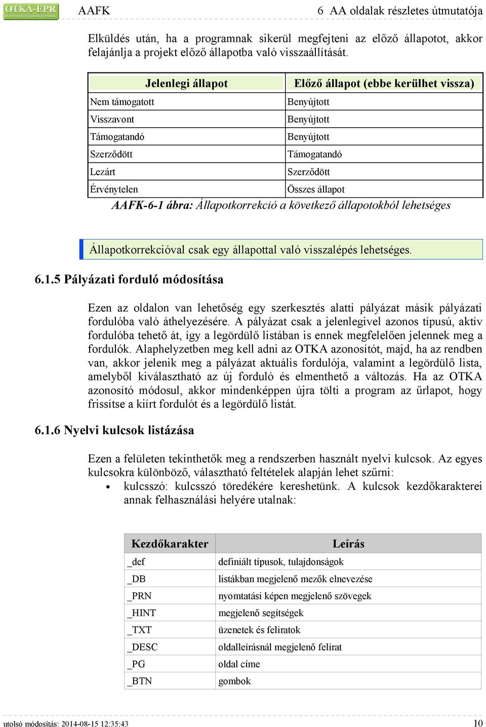 AAFK-6-1 ábra: Állapotkorrekció a következő állapotokból lehetséges Állapotkorrekcióval csak egy állapottal való visszalépés lehetséges. 6.1.5 Pályázati forduló módosítása Ezen az oldalon van lehetőség egy szerkesztés alatti pályázat másik pályázati fordulóba való áthelyezésére.