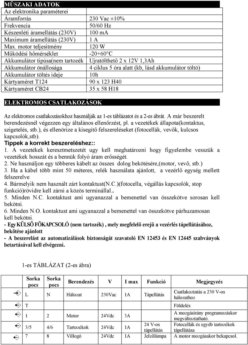 töltés ideje 10h Kártyaméret T124 90 x 123 H40 Kártyaméret CB24 35 x 58 H18 ELEKTROMOS CSATLAKOZÁSOK Az elektromos csatlakozásokhoz használják az 1-es táblázatot és a 2-es ábrát.