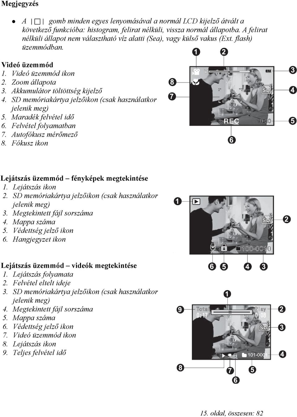 SD memóriakártya jelzőikon (csak használatkor jelenik meg) 5. Maradék felvétel idő 6. Felvétel folyamatban 7. Autofókusz mérőmező 8. Fókusz ikon Lejátszás üzemmód fényképek megtekintése 1.