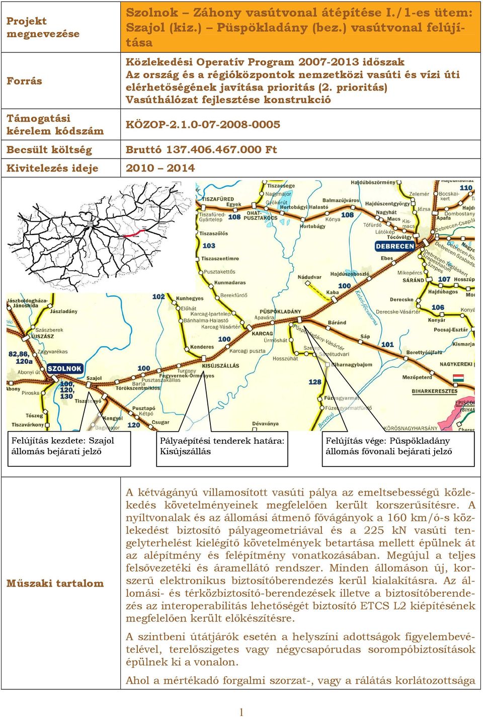prioritás) Vasúthálózat fejlesztése konstrukció KÖZOP-2.1.0-07-2008-0005 Bruttó 137.406.467.