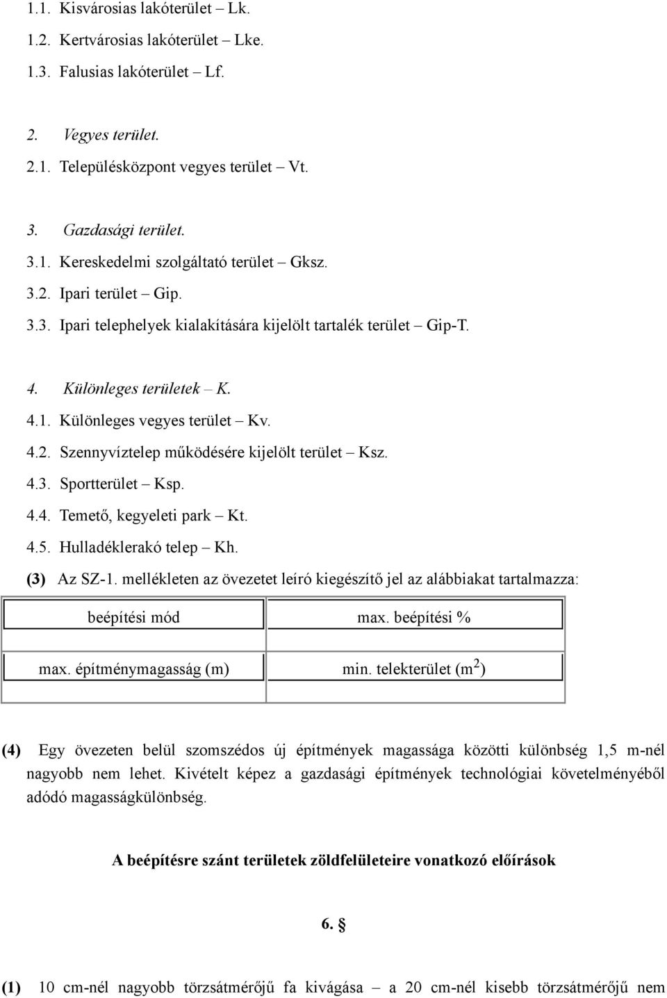 4.3. Sportterület Ksp. 4.4. Temető, kegyeleti park Kt. 4.5. Hulladéklerakó telep Kh. (3) Az SZ-1. mellékleten az övezetet leíró kiegészítő jel az alábbiakat tartalmazza: beépítési mód max.