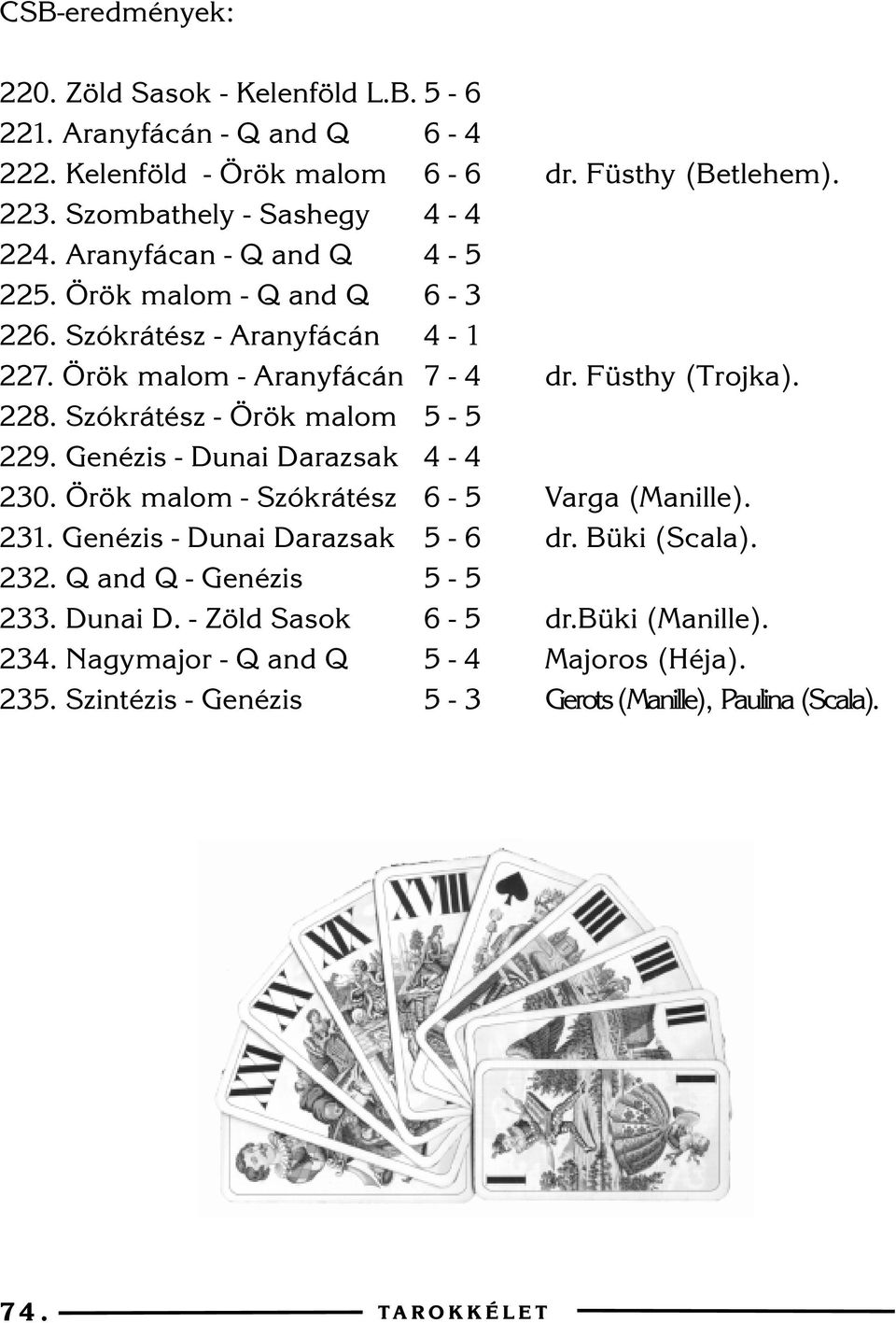 Füsthy (Trojka). 228. Szókrátész - Örök malom 5-5 229. Genézis - Dunai Darazsak 4-4 230. Örök malom - Szókrátész 6-5 Varga (Manille). 231. Genézis - Dunai Darazsak 5-6 dr.