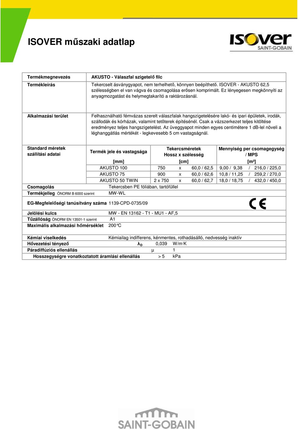 Alkalmazási terület Felhasználható fémvázas szerelt válaszfalak hangszigetelésére lakó- és ipari épületek, irodák, szállodák és kórházak, valamint tetıterek építésénél.