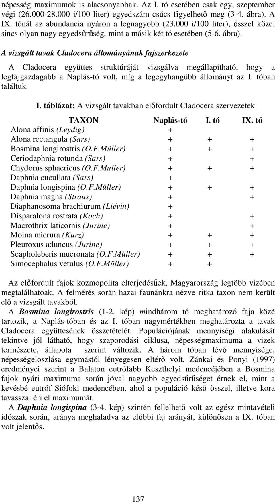 A vizsgált tavak Cladocera állományának fajszerkezete A Cladocera együttes struktúráját vizsgálva megállapítható, hogy a legfajgazdagabb a Naplás-tó volt, míg a legegyhangúbb állományt az I.