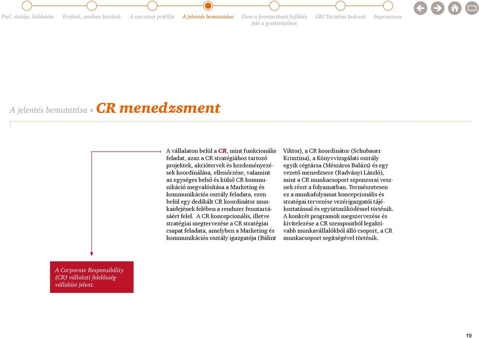 A CR koncepcionális, illetve stratégiai megtervezése a CR stratégiai csapat feladata, amelyben a Marketing és kommunikációs osztály igazgatója (Bálint Viktor), a CR koordinátor (Schubauer Krisztina),