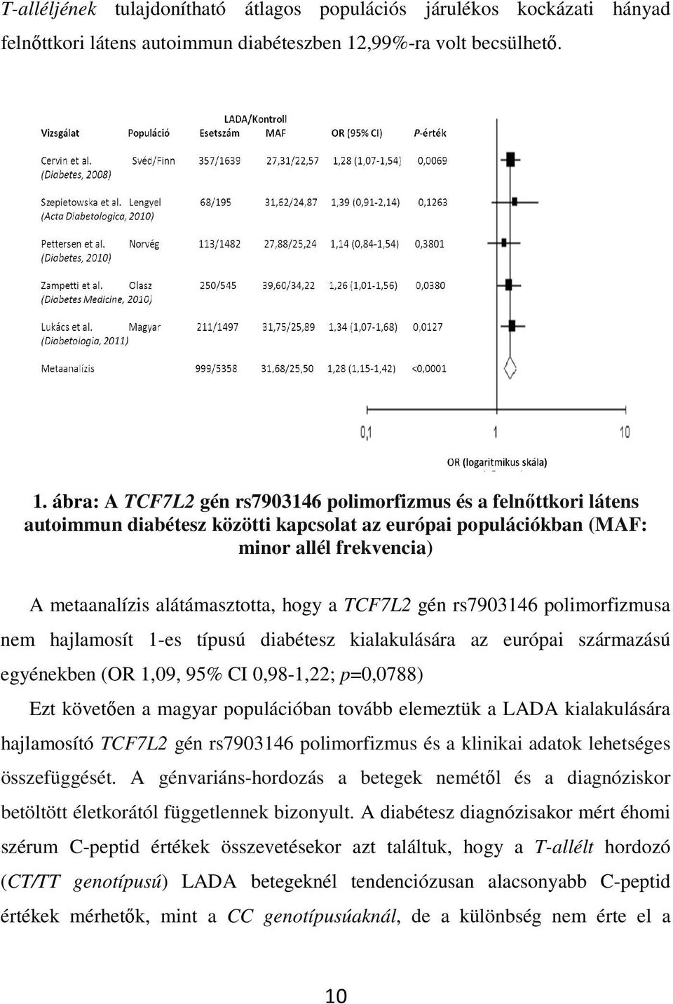 ábra: A TCF7L2 gén rs7903146 polimorfizmus és a felnıttkori látens autoimmun diabétesz közötti kapcsolat az európai populációkban (MAF: minor allél frekvencia) A metaanalízis alátámasztotta, hogy a