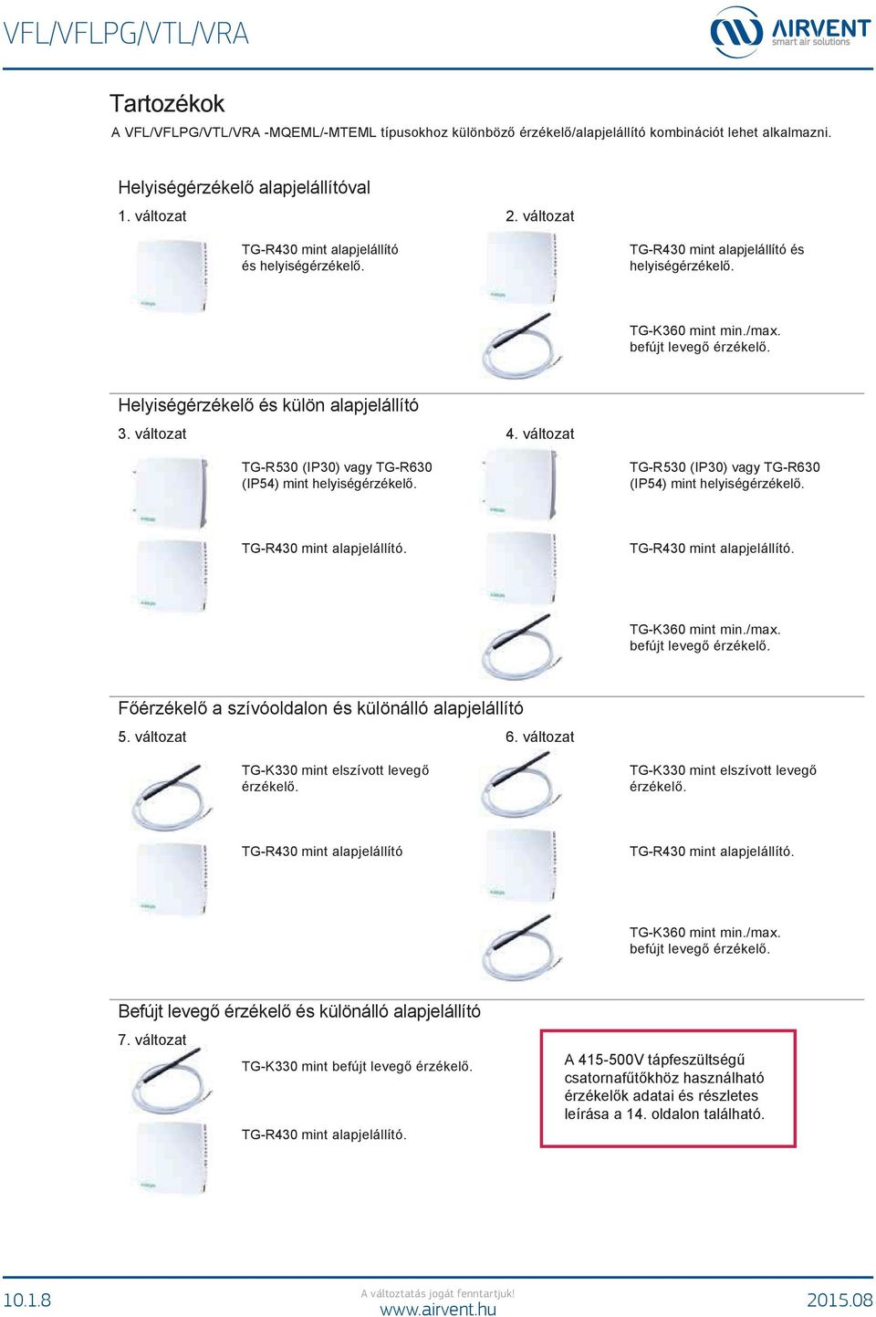 változat 4. változat TG-R530 (IP30) vagy TG-R630 (IP54) mint helyiségérzékelő. TG-R530 (IP30) vagy TG-R630 (IP54) mint helyiségérzékelő. TG-R430 mint alapjelállító. TG-R430 mint alapjelállító. TG-K360 mint min.