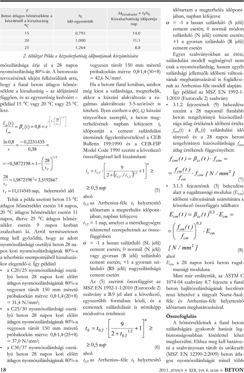 t Ti Idõ-egyenérték t kizsaluzási = t T /t Ti Kizsaluzhatóság idõpontja nap 15 0,793 14,0 20 1,000 11,1 25 1,264 8,8 vegyesen tárolt 150 mm méretű próbakockán mérve: 0,8 1,4 (30+8) = 42,6 N/mm 2.