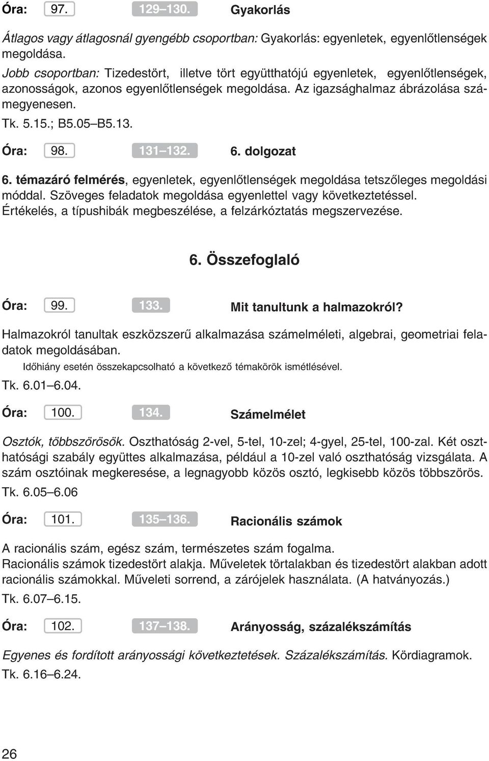 ra: 98. 131{132. 6. dolgozat 6. t maz r felm r s, egyenletek, egyenl tlens gek megold sa tetsz leges megold si m ddal. Sz veges feladatok megold sa egyenlettel vagy k vetkeztet ssel.