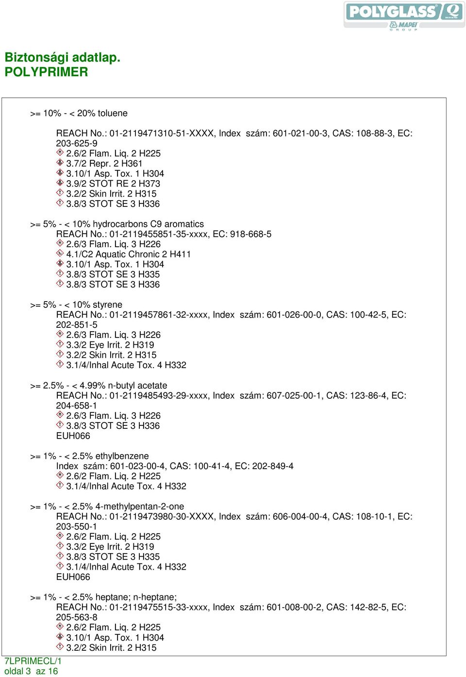 1/C2 Aquatic Chronic 2 H411 3.10/1 Asp. Tox. 1 H304 3.8/3 STOT SE 3 H335 3.8/3 STOT SE 3 H336 >= 5% - < 10% styrene REACH No.