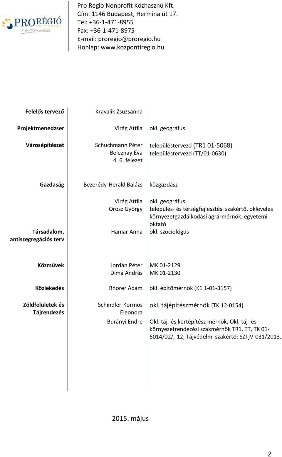 fejezet településtervező (TR1 01-5068) településtervező (TT/01-0630) Gazdaság Bezerédy-Herald Balázs közgazdász Társadalom, antiszegregációs terv Virág Attila Orosz György Hamar Anna okl.