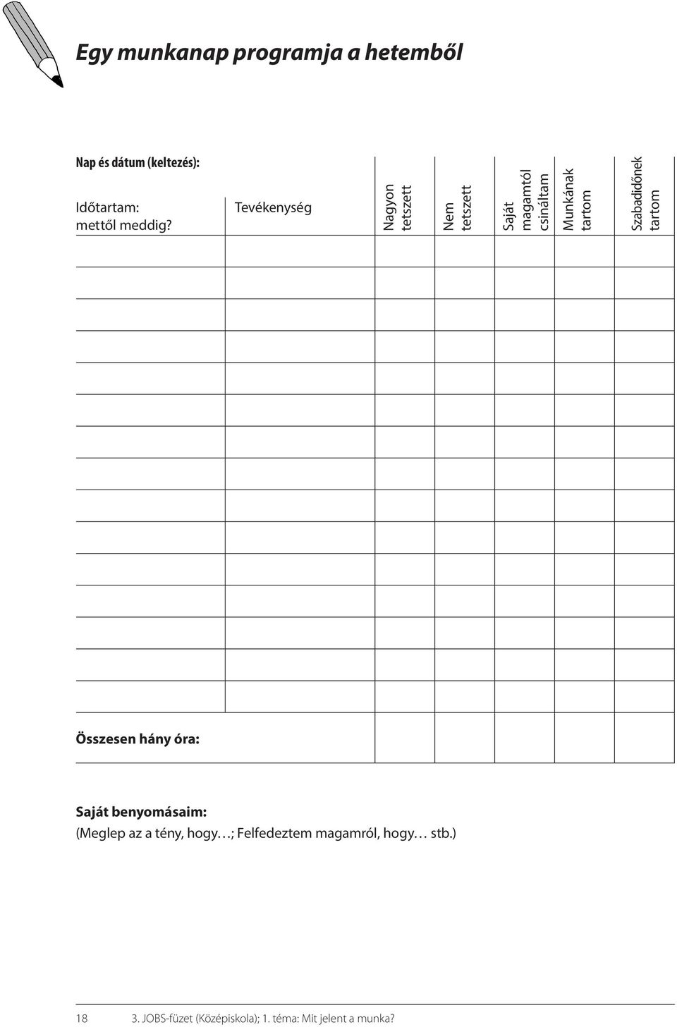 Szabadidőnek tartom Összesen hány óra: Saját benyomásaim: (Meglep az a tény, hogy ;