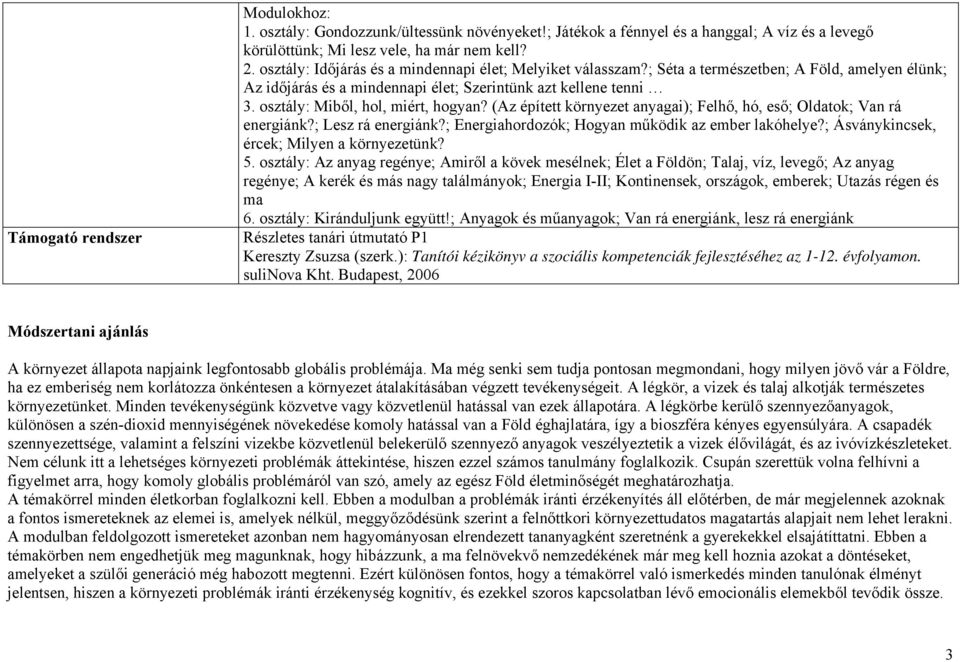 osztály: Miből, hol, miért, hogyan? (Az épített környezet anyagai); Felhő, hó, eső; Oldatok; Van rá energiánk?; Lesz rá energiánk?; Energiahordozók; Hogyan működik az ember lakóhelye?