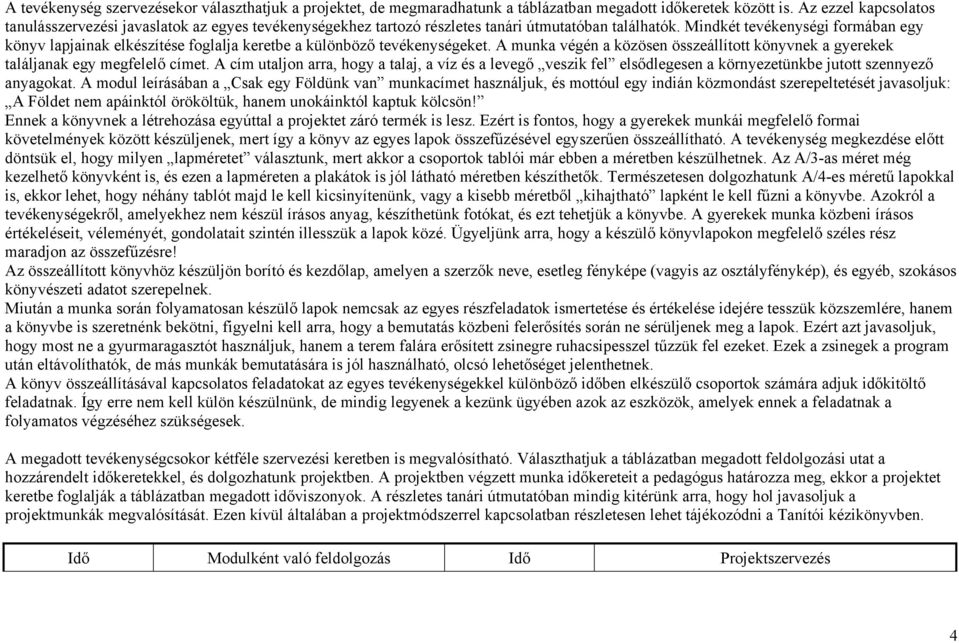 Mindkét tevékenységi formában egy könyv lapjainak elkészítése foglalja keretbe a különböző tevékenységeket. A munka végén a közösen összeállított könyvnek a gyerekek találjanak egy megfelelő címet.