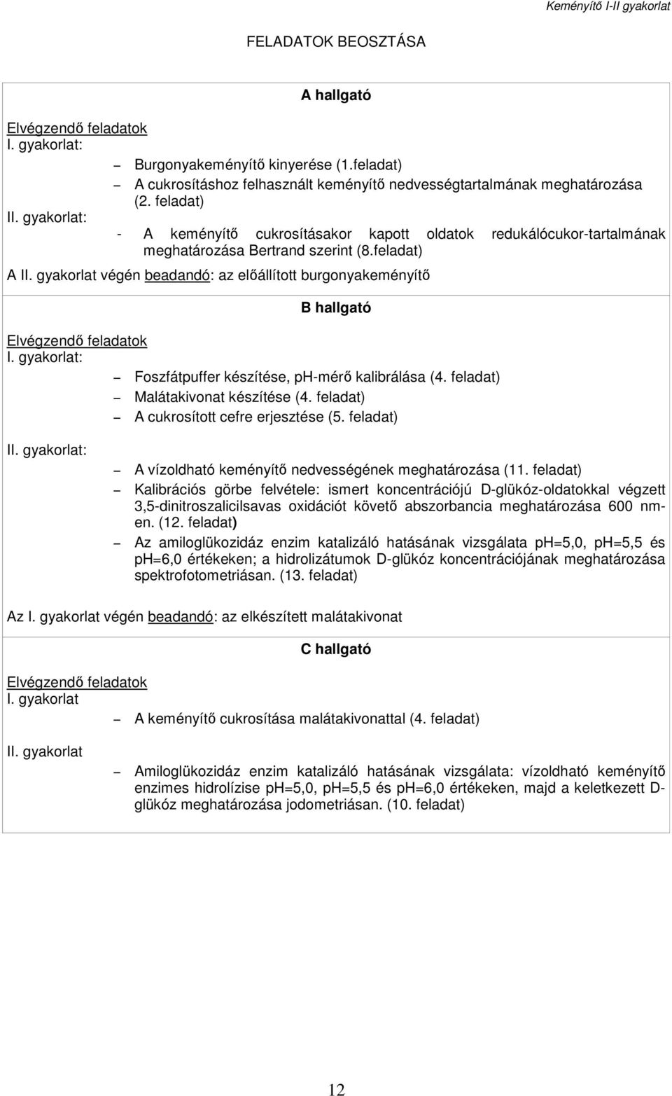 gyakorlat végén beadandó: az előállított burgonyakeményítő B hallgató Elvégzendő feladatok I. gyakorlat: Foszfátpuffer készítése, ph-mérő kalibrálása (4. feladat) Malátakivonat készítése (4.