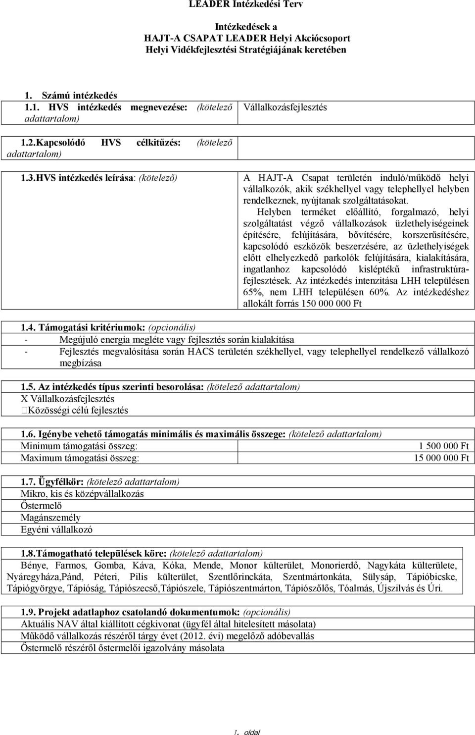 HVS intézkedés leírása: (kötelezı) A HAJT-A Csapat területén induló/mőködı helyi vállalkozók, akik székhellyel vagy telephellyel helyben rendelkeznek, nyújtanak szolgáltatásokat.