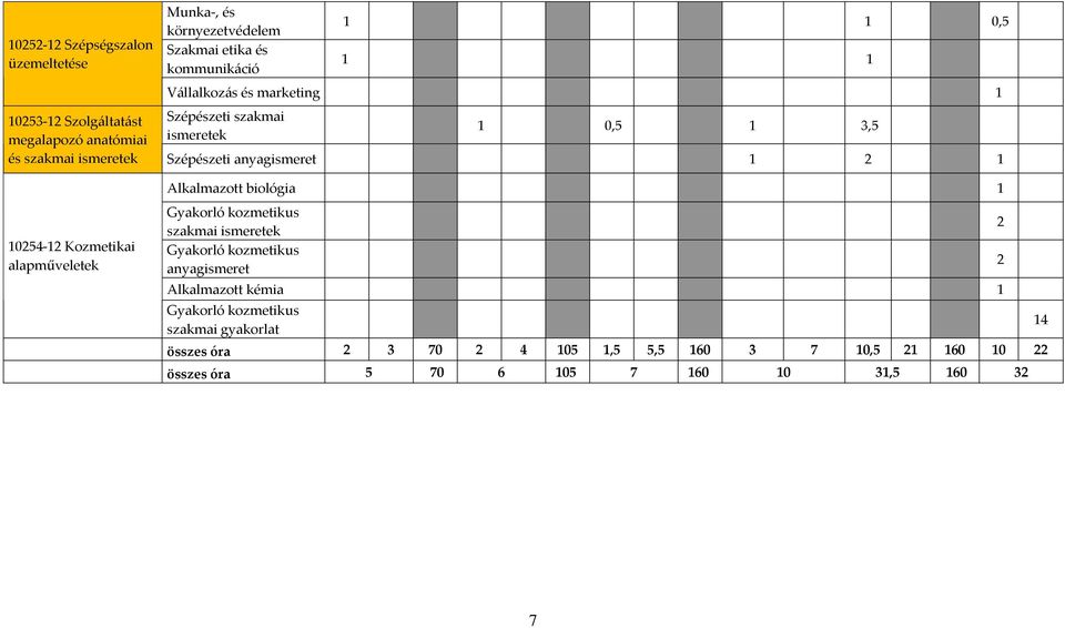 Kozmetikai alapműveletek Alkalmazott biológia 1 Gyakorló kozmetikus szakmai ismeretek Gyakorló kozmetikus anyagismeret Alkalmazott kémia 1