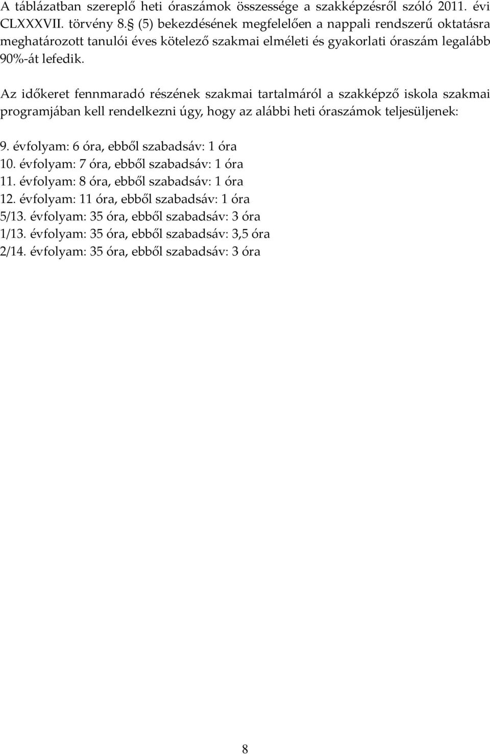 Az időkeret fennmaradó részének szakmai tartalmáról a szakképző iskola szakmai programjában kell rendelkezni úgy, hogy az alábbi heti óraszámok teljesüljenek: 9.