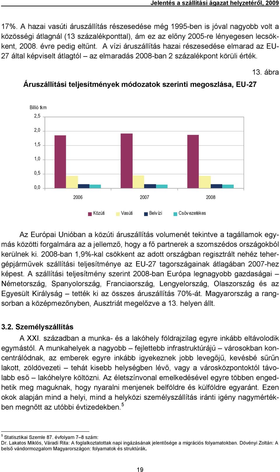 A vízi áruszállítás hazai részesedése elmarad az EU- 27 által képviselt átlagtól az elmaradás 28-ban 2 százalékpont körüli érték. Áruszállítási teljesítmények módozatok szerinti megoszlása, EU-27 13.