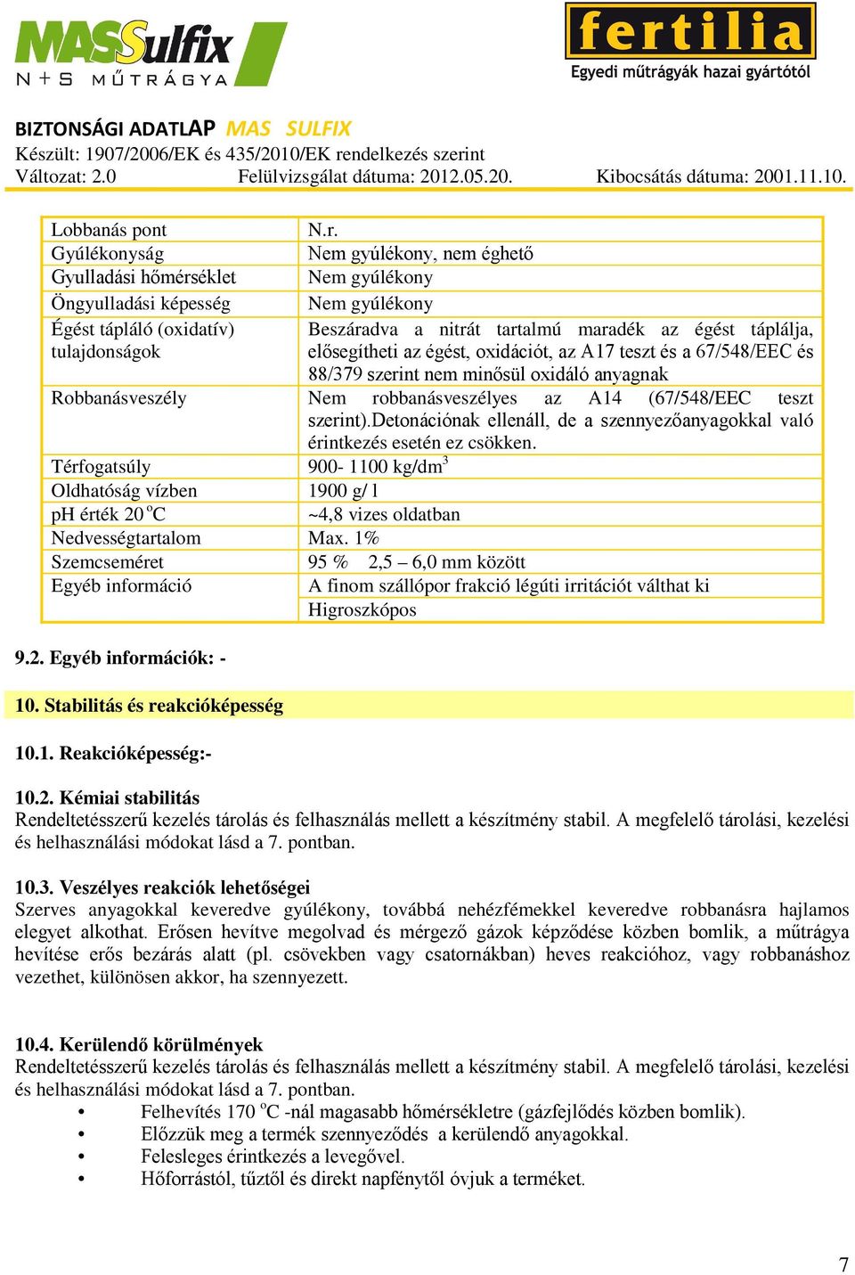 Nem gyúlékony, nem éghető Nem gyúlékony Nem gyúlékony Beszáradva a nitrát tartalmú maradék az égést táplálja, elősegítheti az égést, oxidációt, az A17 teszt és a 67/548/EEC és 88/379 szerint nem