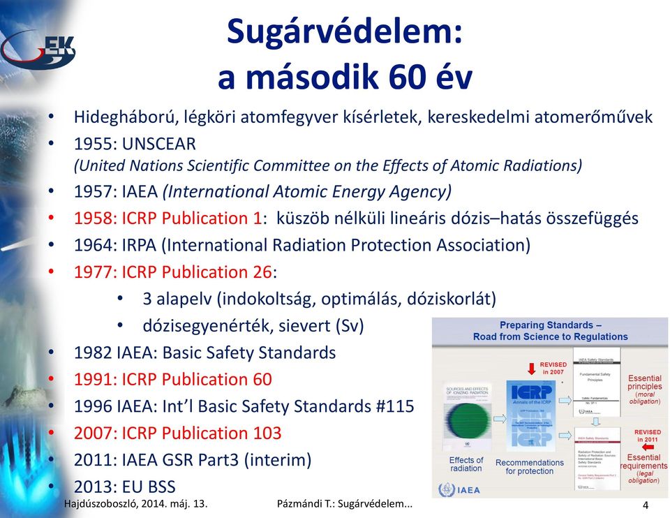 Protection Association) 1977: ICRP Publication 26: 3 alapelv (indokoltság, optimálás, dóziskorlát) dózisegyenérték, sievert (Sv) 1982 IAEA: Basic Safety Standards 1991: ICRP