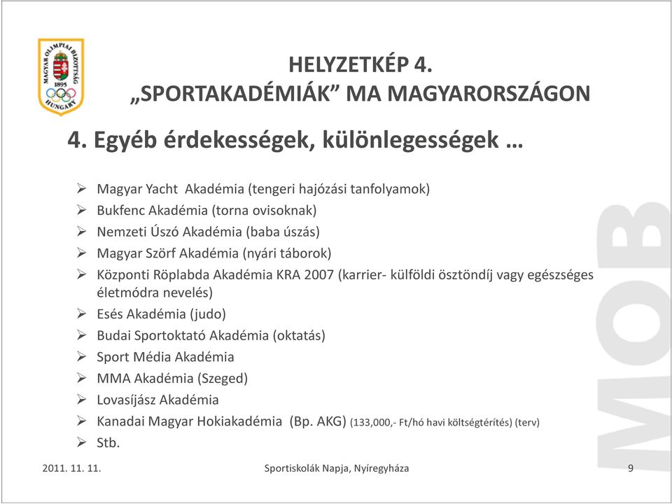Akadémia (baba úszás) Magyar Szörf Akadémia (nyári táborok) Központi Röplabda Akadémia KRA 2007 (karrier- külföldi ösztöndíj vagy