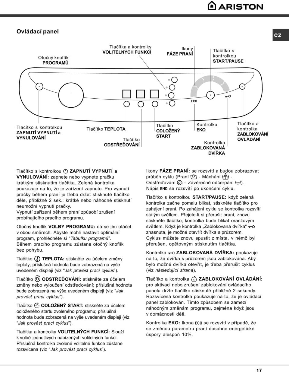 nebo vypnete praèku krátkým stisknutím tlaèítka. Zelená kontrolka poukazuje na to, že je zaøízení zapnuto. Pro vypnutí praèky bìhem praní je tøeba držet stisknuté tlaèítko déle, pøibližnì 2 sek.