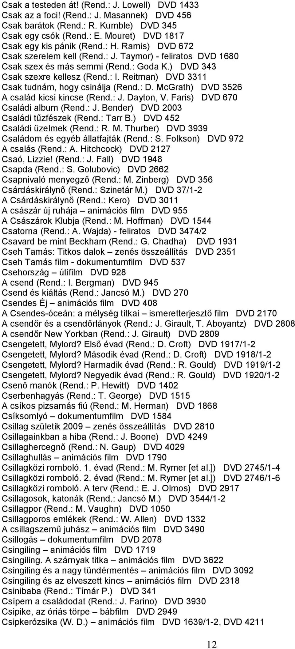 Reitman) DVD 3311 Csak tudnám, hogy csinálja (Rend.: D. McGrath) DVD 3526 A család kicsi kincse (Rend.: J. Dayton, V. Faris) DVD 670 Családi album (Rend.: J. Bender) DVD 2003 Családi tűzfészek (Rend.