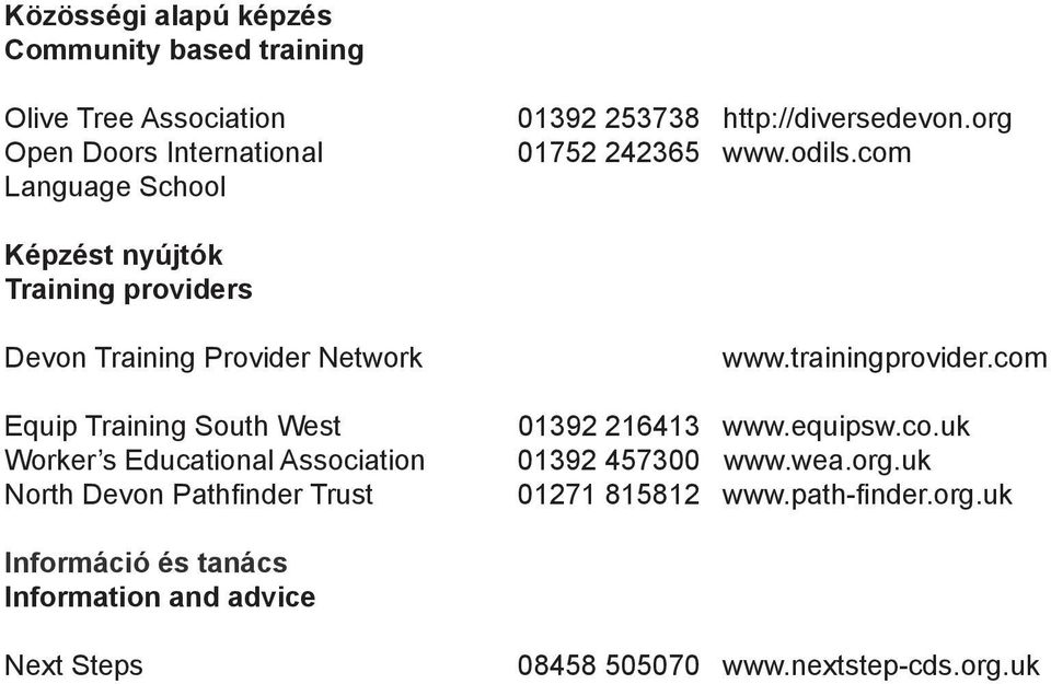 com Képzést nyújtók Training providers Devon Training Provider Network Equip Training South West Worker s Educational Association North