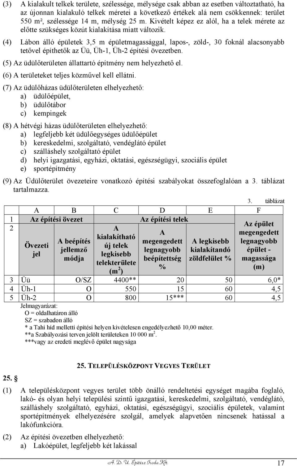 (4) Lábon álló épületek 3,5 m épületmagassággal, lapos-, zöld-, 30 foknál alacsonyabb tetővel építhetők az Üü, Üh-1, Üh-2 építési övezetben.