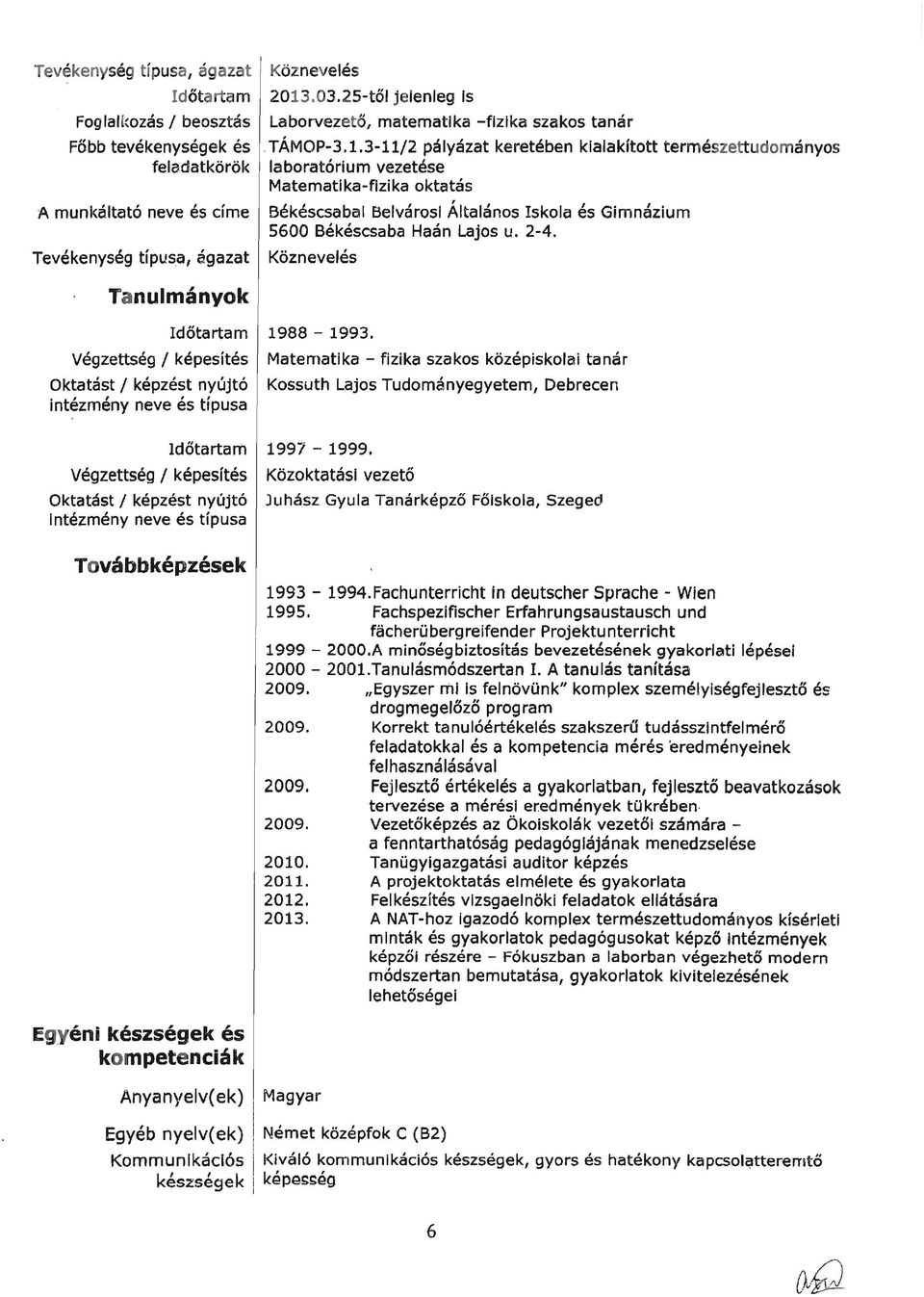 3-11/2 pályázat keretében kialakftott természettudományos feladatkörök laboratórium vezetése Matematika-fizika oktatás A munkáltató neve és címe Tevékenység típusa, ágazat Tanulmányok Végzettség /