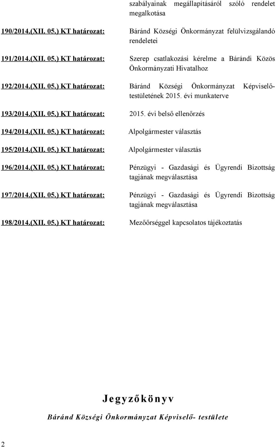 ) KT határozat: 195/2014.) KT határozat: 196/2014.) KT határozat: 197/2014.) KT határozat: 198/2014.