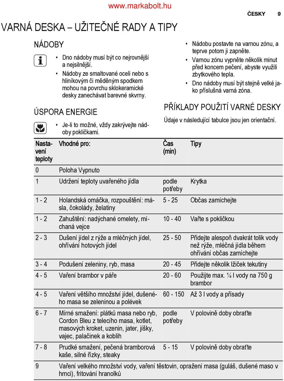 Nádoby ze smaltované oceli nebo s hliníkovým či měděným spodkem mohou na povrchu sklokeramické desky zanechávat barevné skvrny. ÚSPORA ENERGIE Jeli to možné, vždy zakrývejte nád oby pokličkami.