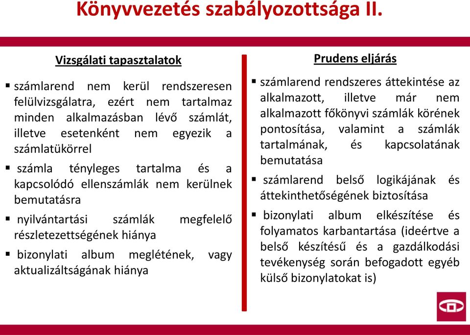 ellenszámlák nem kerülnek bemutatásra nyilvántartási számlák megfelelő részletezettségének hiánya bizonylati album meglétének, vagy aktualizáltságának hiánya számlarend rendszeres áttekintése az