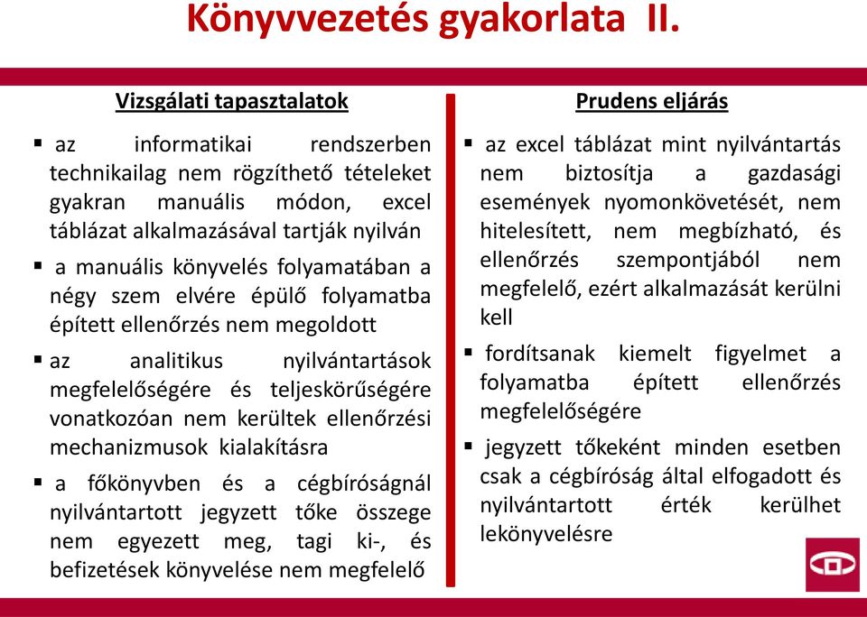 folyamatba épített ellenőrzés nem megoldott az analitikus nyilvántartások megfelelőségére és teljeskörűségére vonatkozóan nem kerültek ellenőrzési mechanizmusok kialakításra a főkönyvben és a