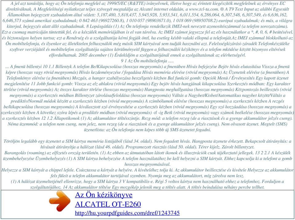 A T9 Text Input az alábbi Egyesült Államokban bejegyzett szabadalom által védett: 5,187,480, 5,818,437, 5,945,928, 5,953,541, 6,011,554, 6,286,064, 6,307,548, 6,307,549, és 6,636,162, 6,646,573 számú