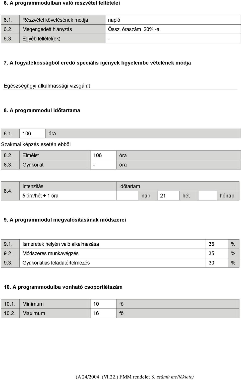 106 óra Szakmai képzés esetén ebből 8.2. Elmélet 106 óra 8.3. Gyakorlat - óra 8.4. Intenzitás Időtartam 5 óra/hét + 1 óra nap 21 hét hónap 9.