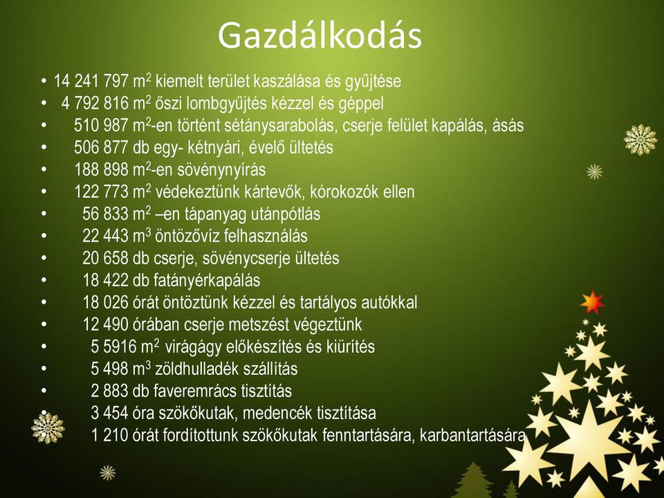 felhasználás 20 658 db cserje, sövénycserje ültetés 18 422 db fatányérkapálás 18 026 órát öntöztünk kézzel és tartályos autókkal 12 490 órában cserje metszést végeztünk 5 5916 m 2