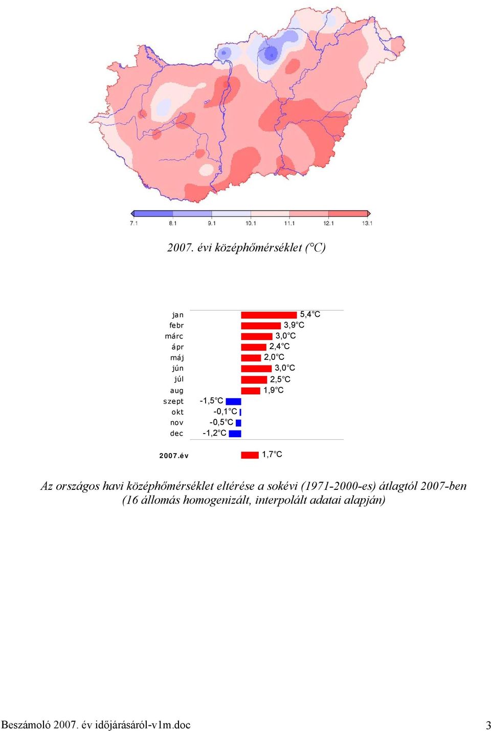 országos havi középhőmérséklet eltérése a sokévi (1971-2000-es) átlagtól 2007-ben (16