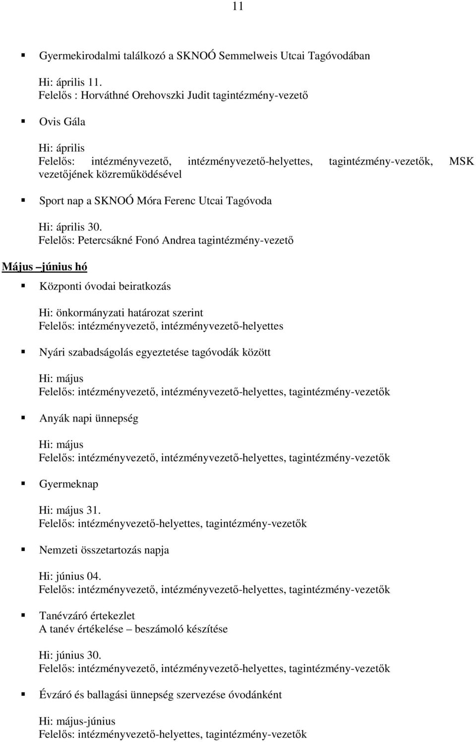 Felelıs: Petercsákné Fonó Andrea tagintézmény-vezetı Május június hó Központi óvodai beiratkozás Hi: önkormányzati határozat szerint Felelıs: intézményvezetı, intézményvezetı-helyettes Nyári